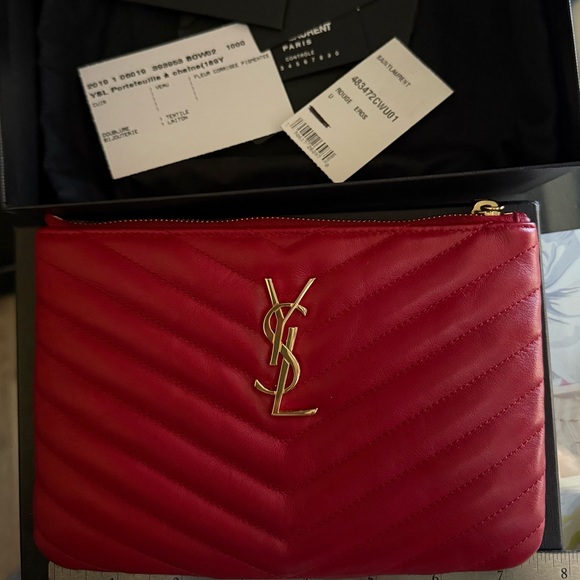 Yves Saint Laurent Red Clutch with Gold Logo - Picture 10 of 10